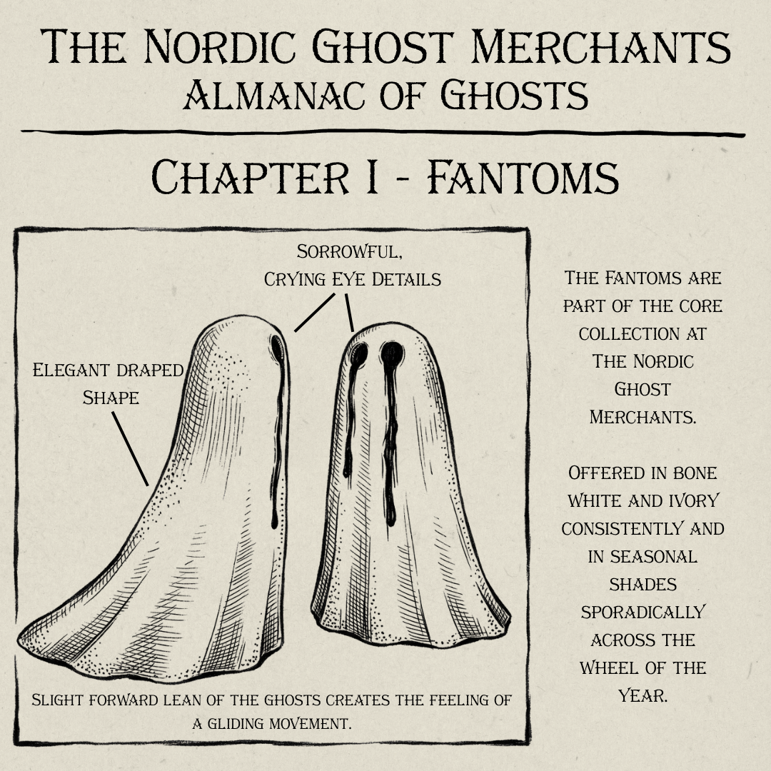 A hand drawn ink image of a crying eyed ghost figurine in a book page mock up of an Almanac of Ghosts by The Nordic Ghost Merchants