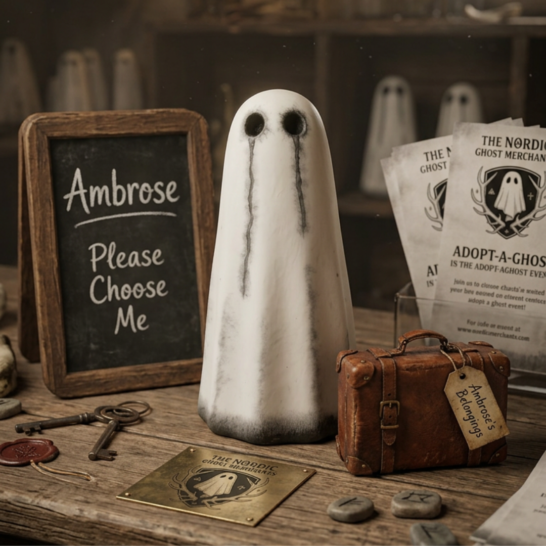 An ivory and black handmade ghost figurine by The Nordic Ghost Merchants