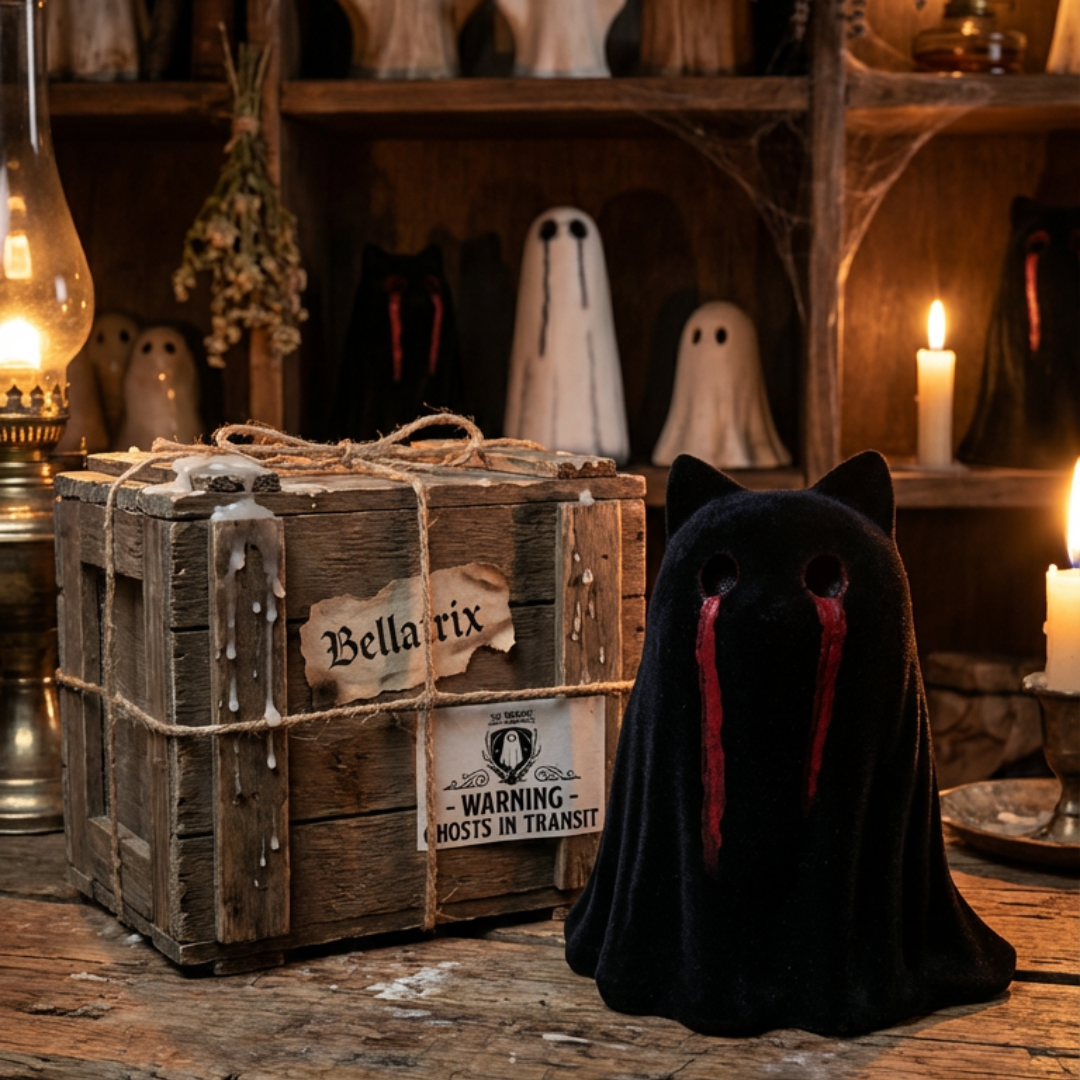 A ghost cat figurine by The Nordic Ghost Merchants. The cat is black with red tear stains down her face
