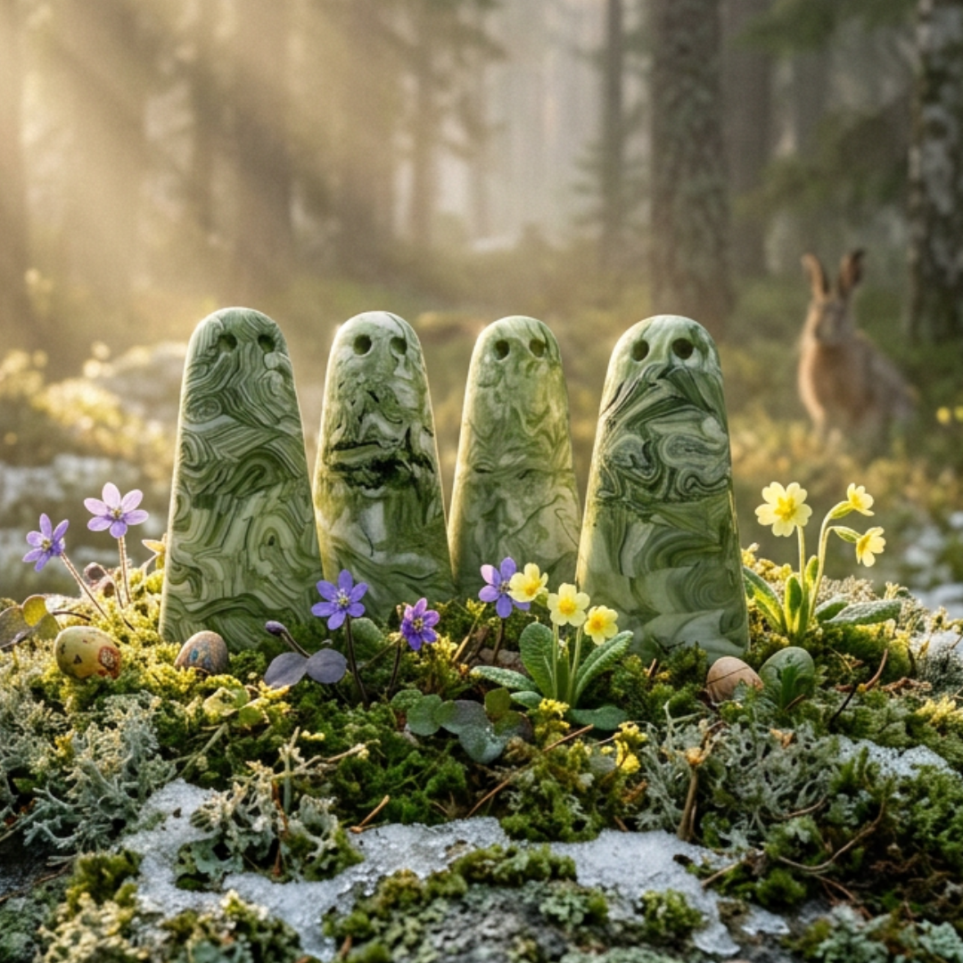 A group of green and white marbled ghost figurines made by The Nordic Ghost Merchants