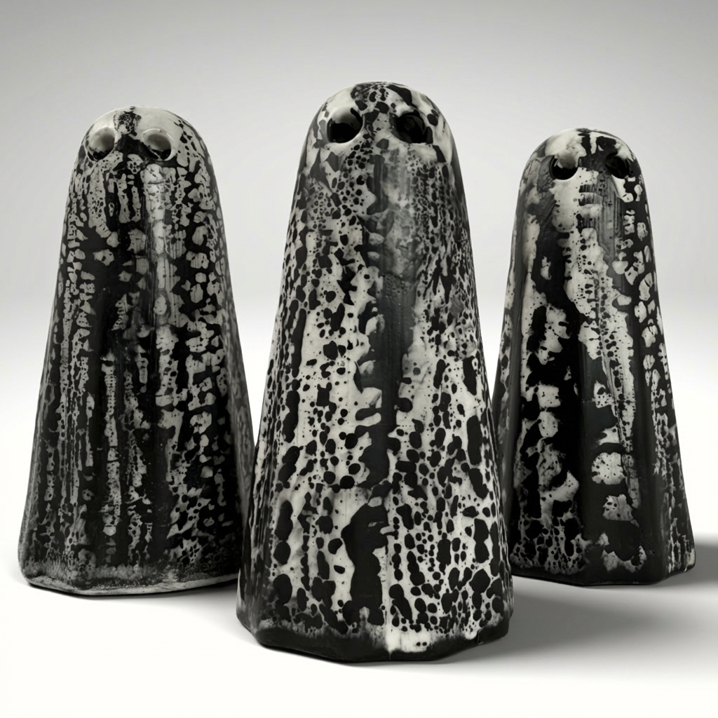Three white ghost figurines with a distinctive black bark like pattern by The Nordic Ghost Merchants.