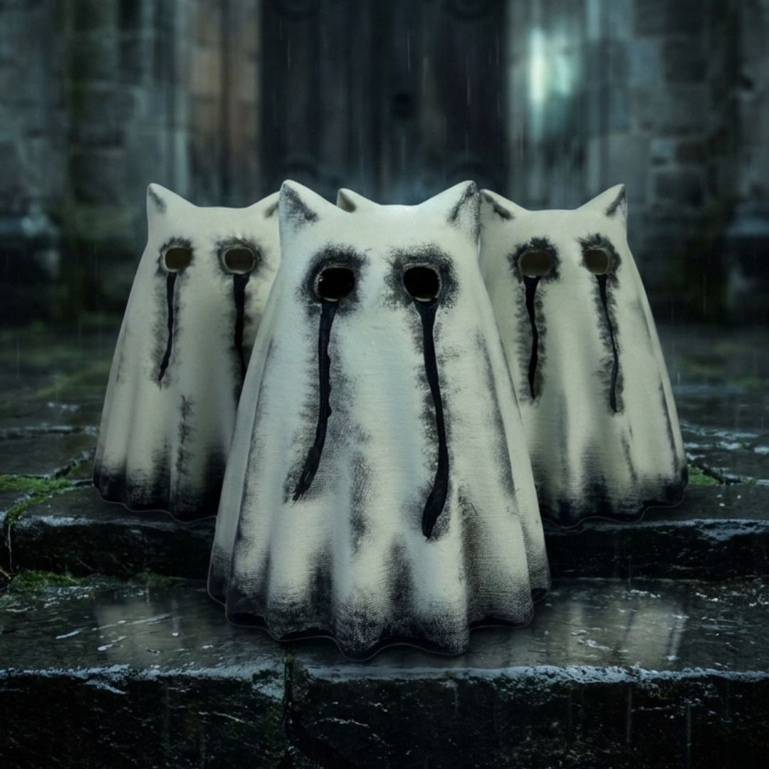 A group of small ghost figurines, shaped as ghost cats, designed by The Nordic Ghost Merchants. The cats are bone coloured with black tear stained eyes.