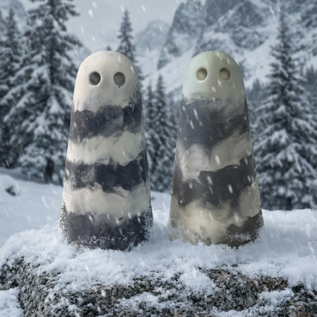 Grey and white striped handmade ghost figurines from The Nordic Ghost Merchants