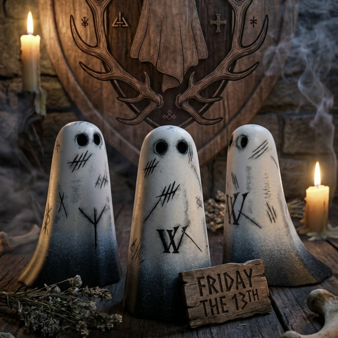 Ivory and black handmade ghost figurines engraved with witch marks and protective runes