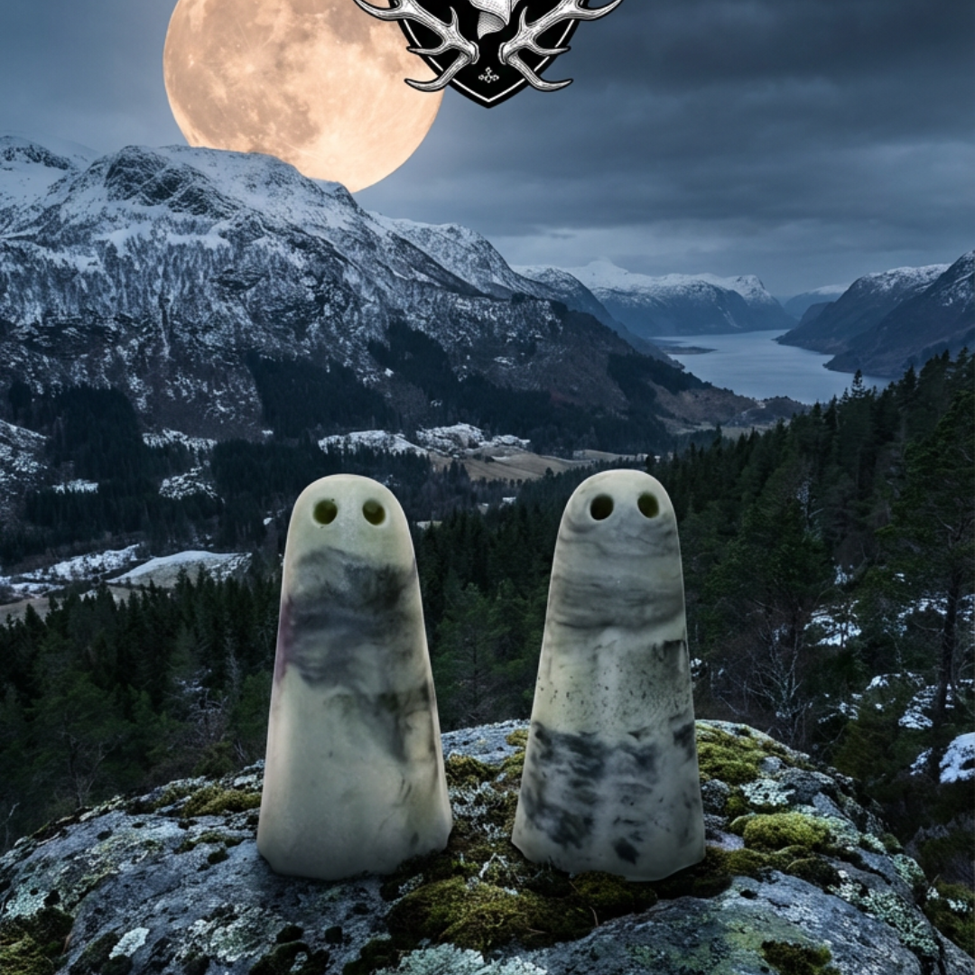 Two handmade ghost figurines in pale green with whispers of silver green glitter.