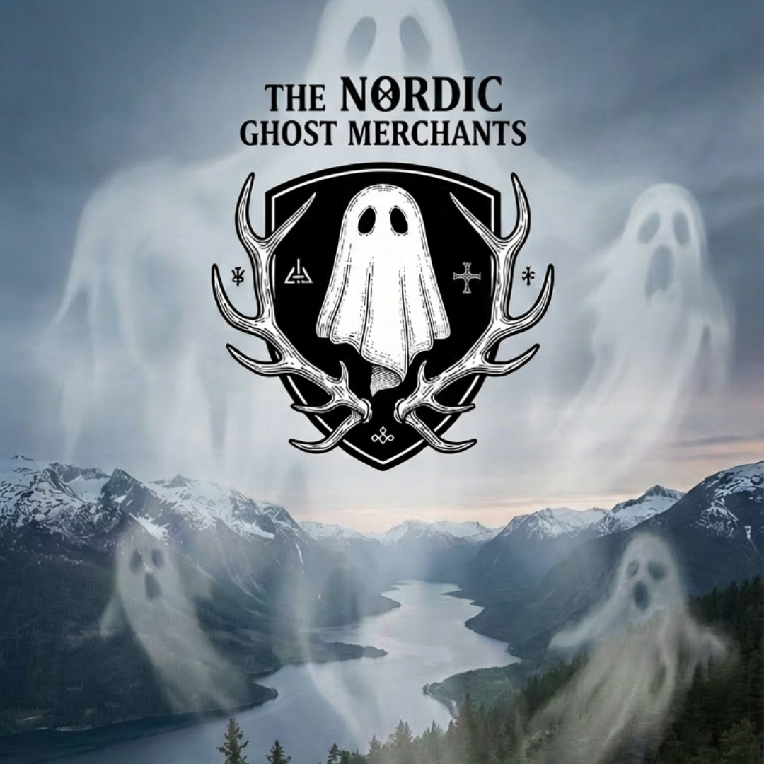 A panorama of the mountains of Scandinavia. Overlaying it are ghosts and a logo for The Nordic Ghost Merchants.