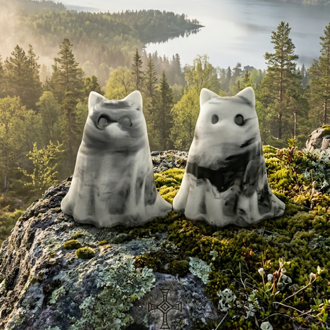Two grey and white marbled ghost cat figurines sitting on a mossy rock in spring sunshine