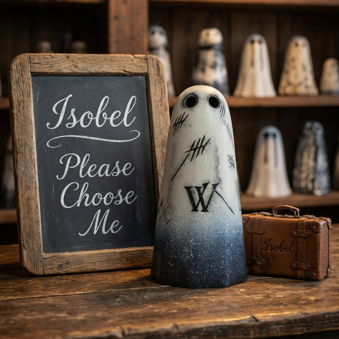 An ivory and black ghost figurine by The Nordic Ghost Merchants.