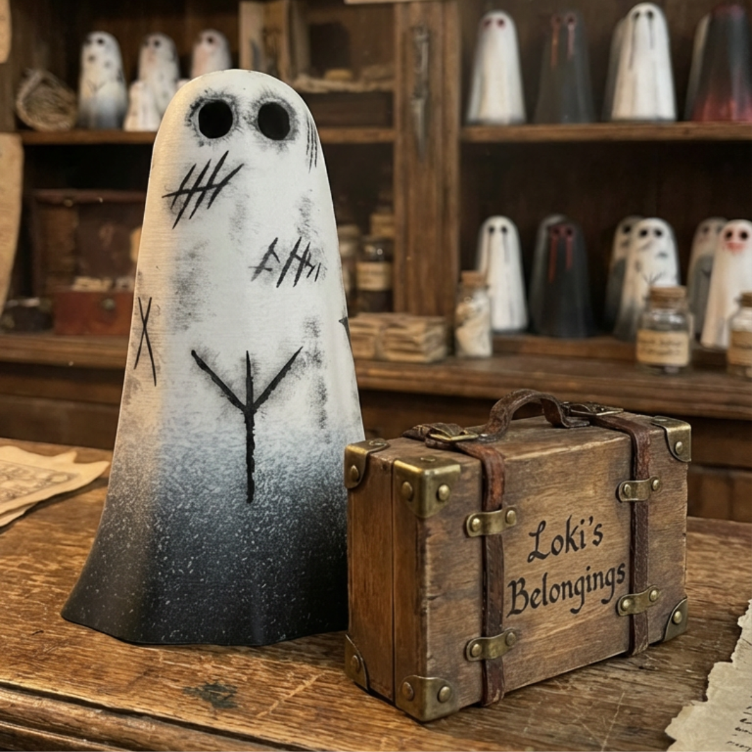 An ivory and black ghost figurine with apotropaic marks engraved on it.