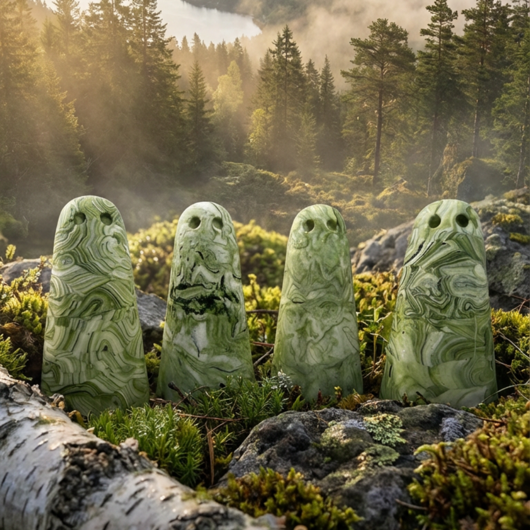 A group of green and white marbled ghost figurines from The Nordic Ghost Merchants