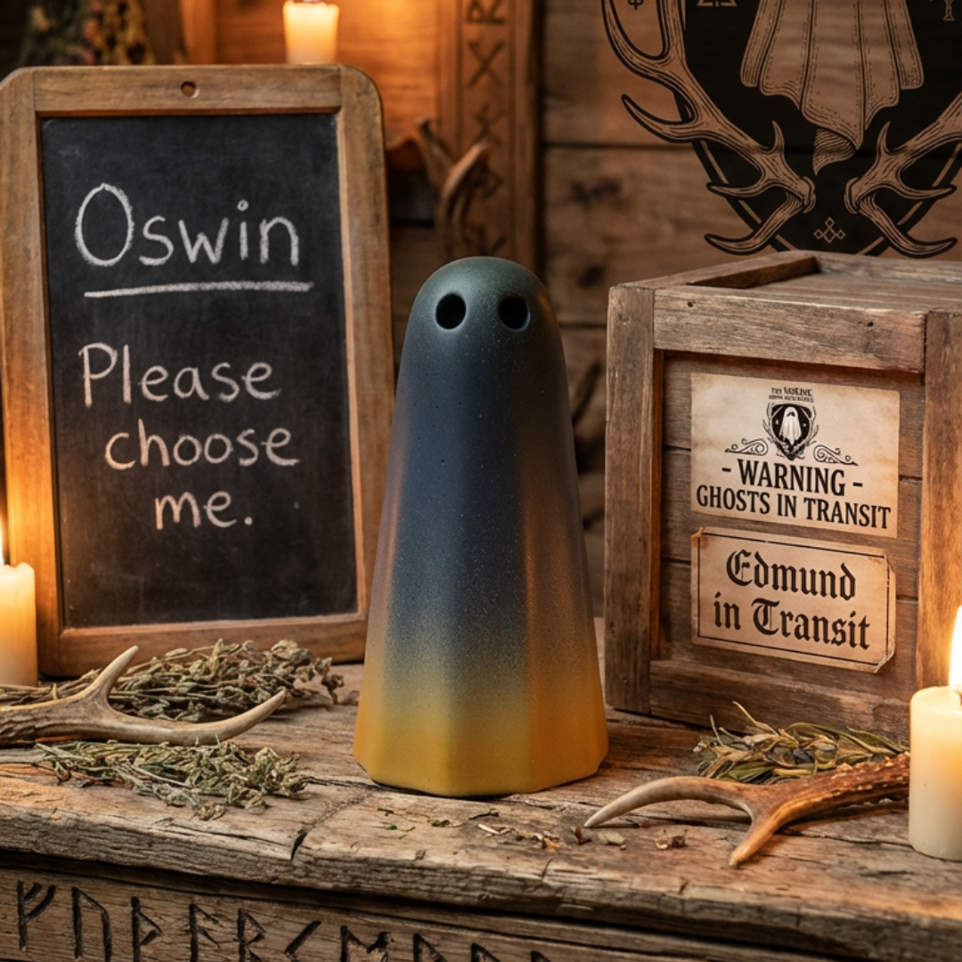 A handmade ghost figurine in dark blue with a golden glitter base made by The Nordic Ghost Merchants