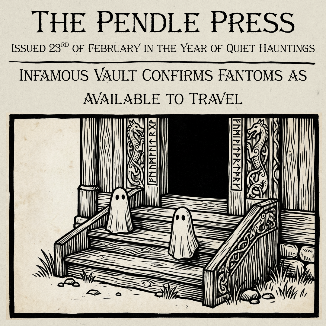 A woodcut style image of two small ghost figurines standing on the steps of an old Norse stave church. The image looks like an old newspaper image.