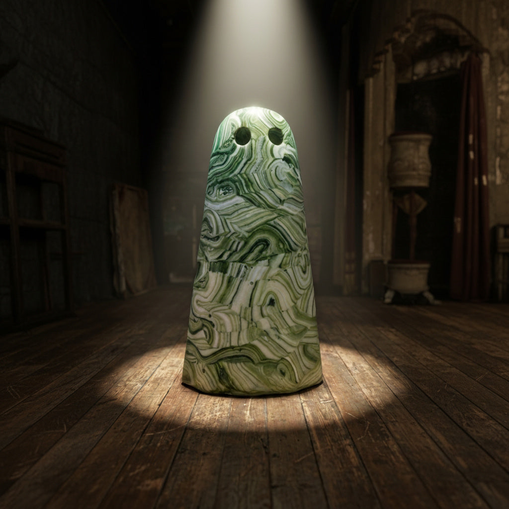 A handmade ghost by The Nordic Ghost Merchants. The ghost is white with fine green lines.