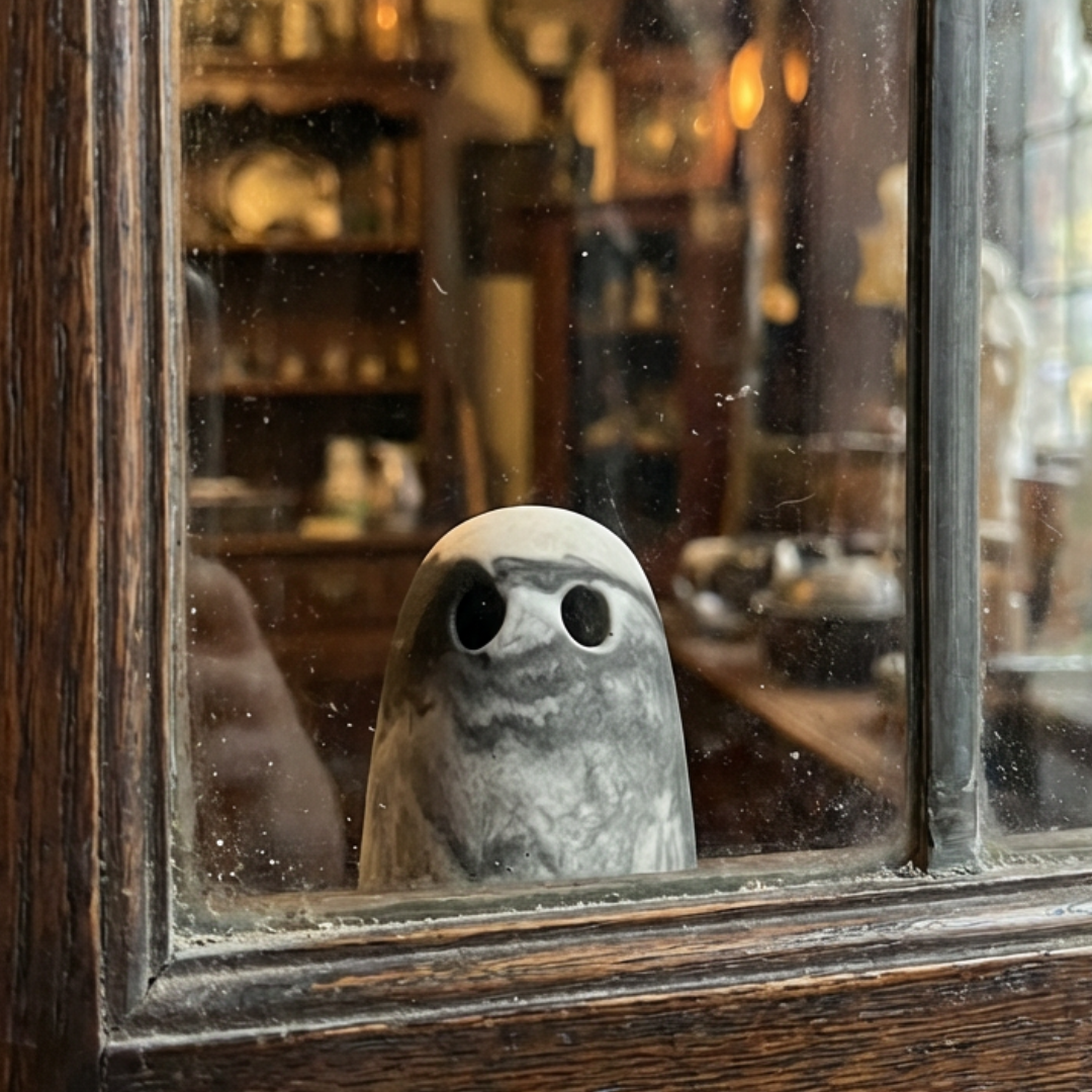 A grey and white marbled ghost figurine by The Nordic Ghost Merchants peering through the glass pane of a door.