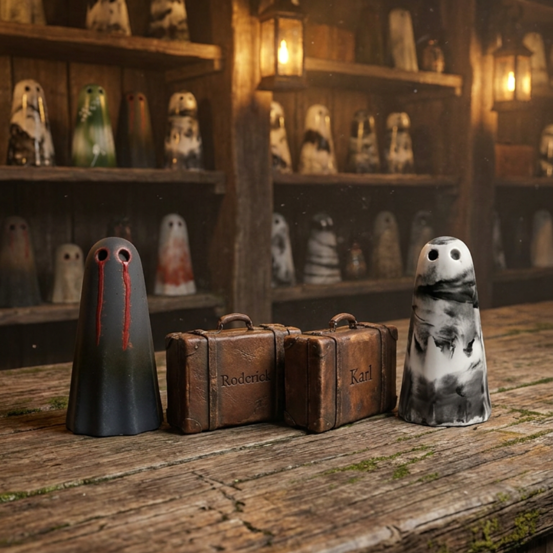 A closeup of two small ghost figurines standing on an old wooden counter in The Nordic Ghost Merchants ghost shop