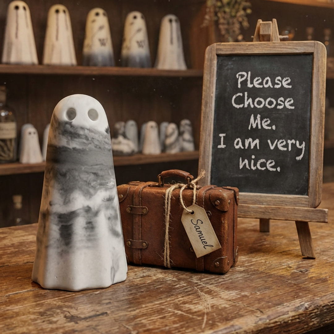 A grey and white marbled ghost figurine by The Nordic Ghost Merchants