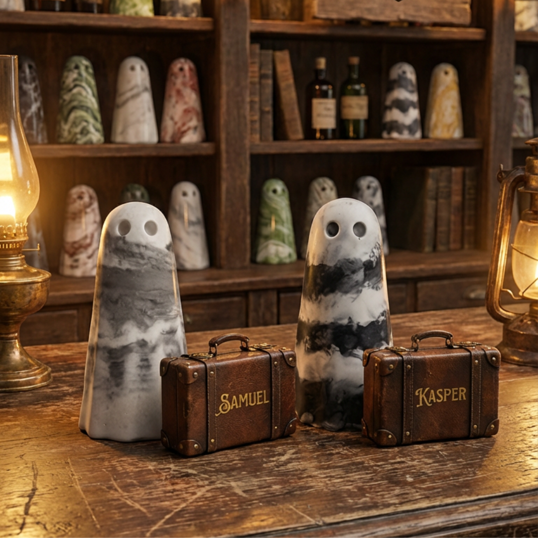 Two grey & white marbled ghost figurines called Samuel & Kasper on the counter of The Nordic Ghost Merchants ghost shop