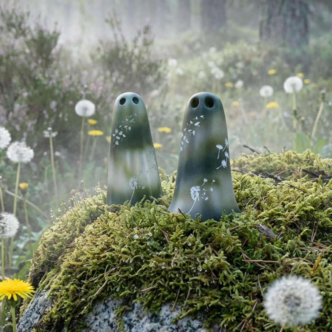Green and silver ghost figurines engraved with dandelion seeds and made by The Nordic Ghost Merchants
