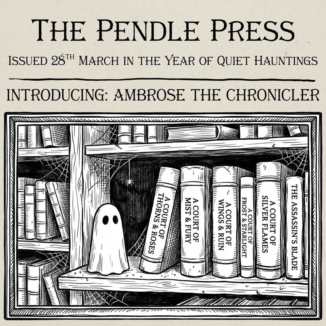 A black ink sketch of a ghost figurine on a library bookshelf