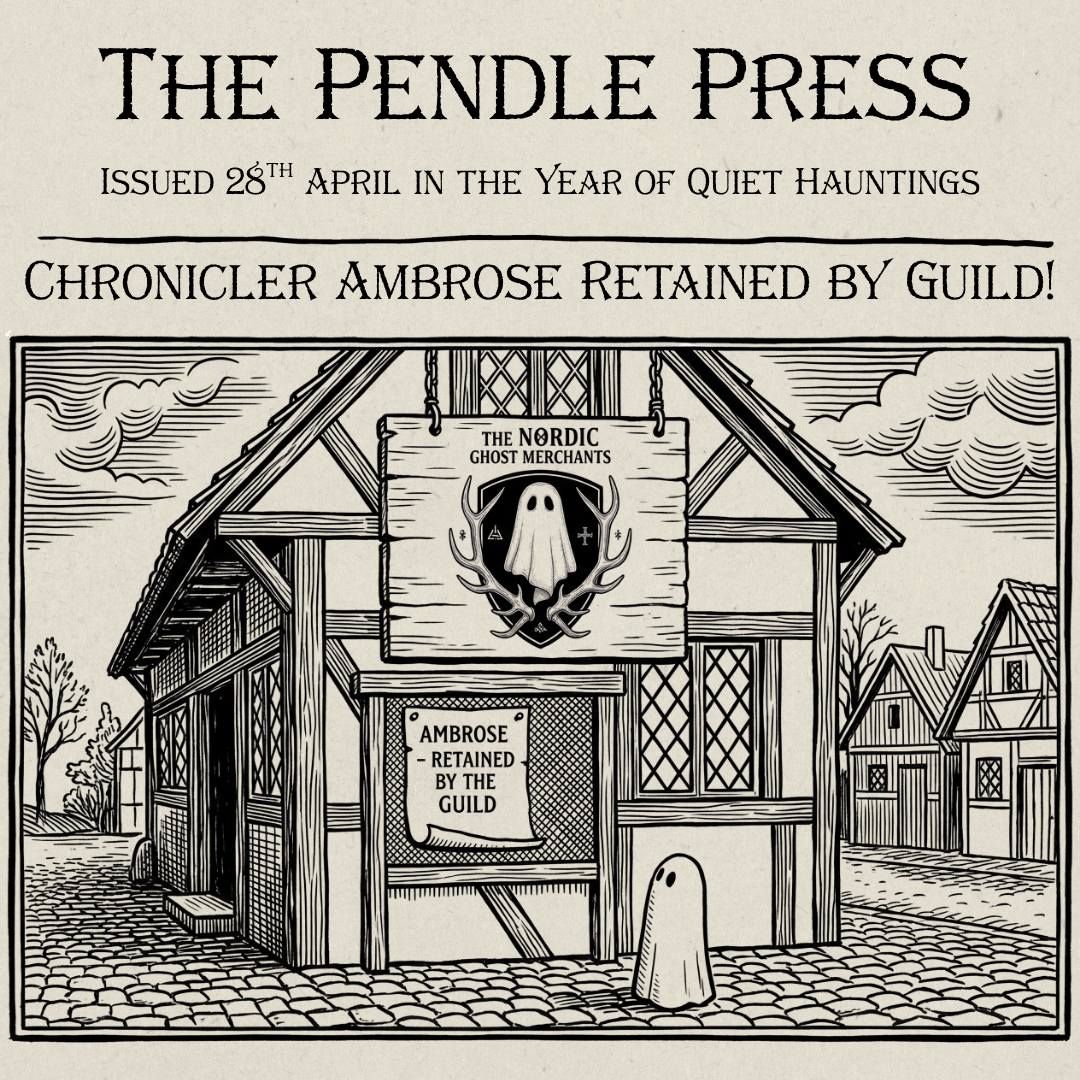 A black ink wood cut style image of a small ghost figurine looking up at a notice board outside of The Nordic Ghost Merchants