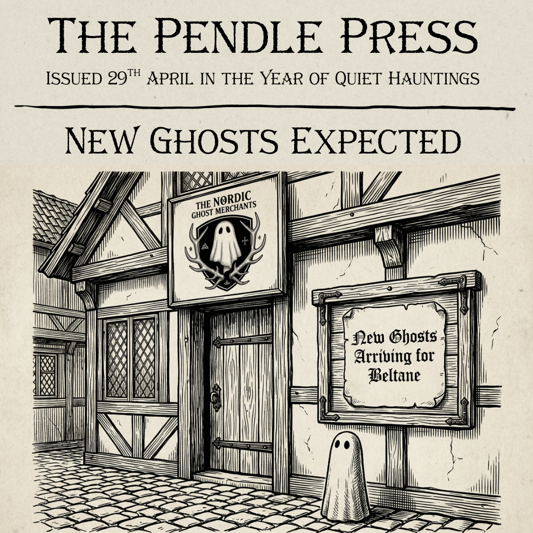 A black ink woodcut image of a small ghost figurine standing outside The Nordic Ghost Merchants