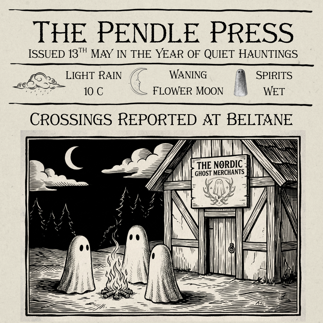 A woodcut image of three small ghost figurines outside of The Nordic Ghost Merchants on Beltane night
