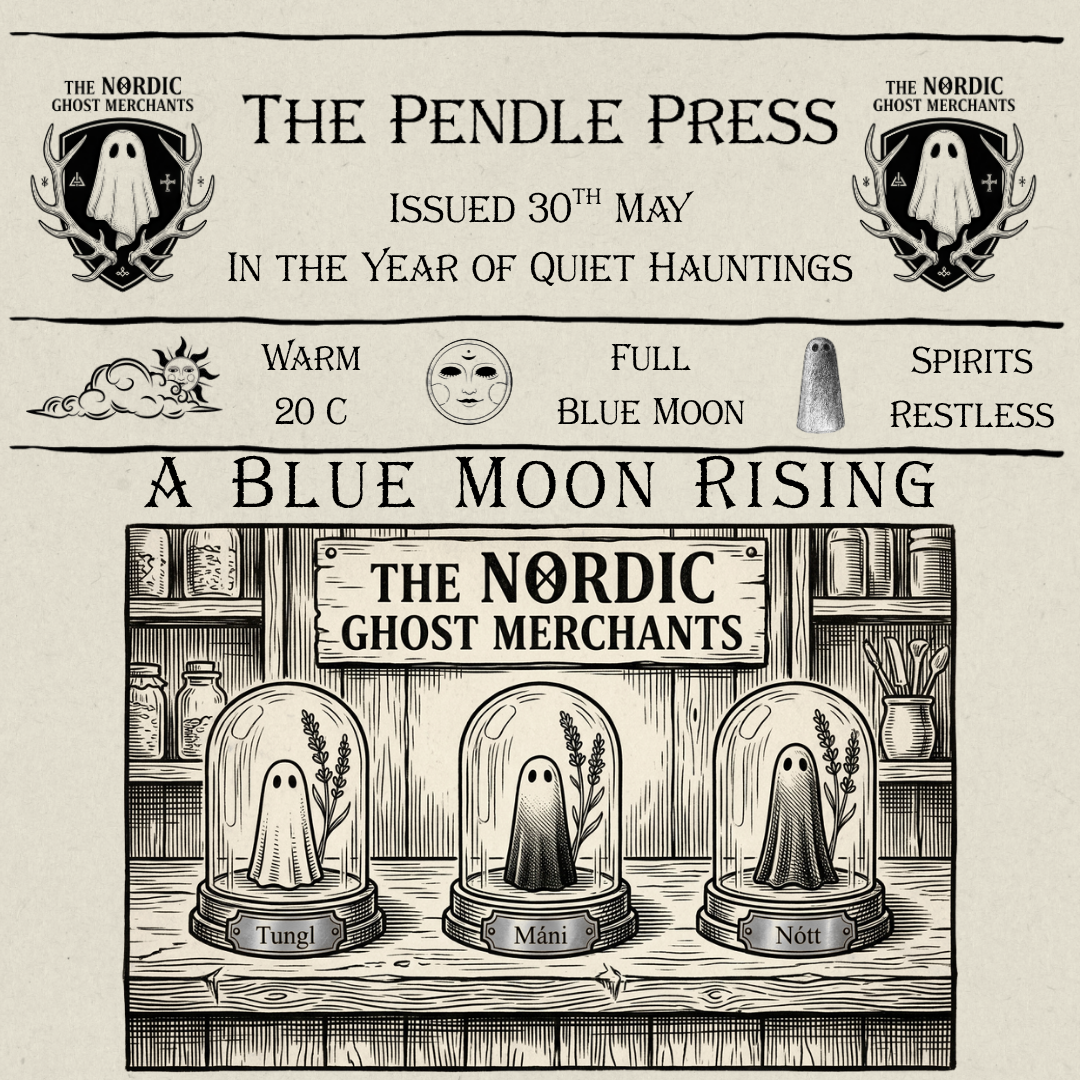 A 1600s woodcut image of three small ghost figurines under glass cloches at The Nordic Ghost Merchants