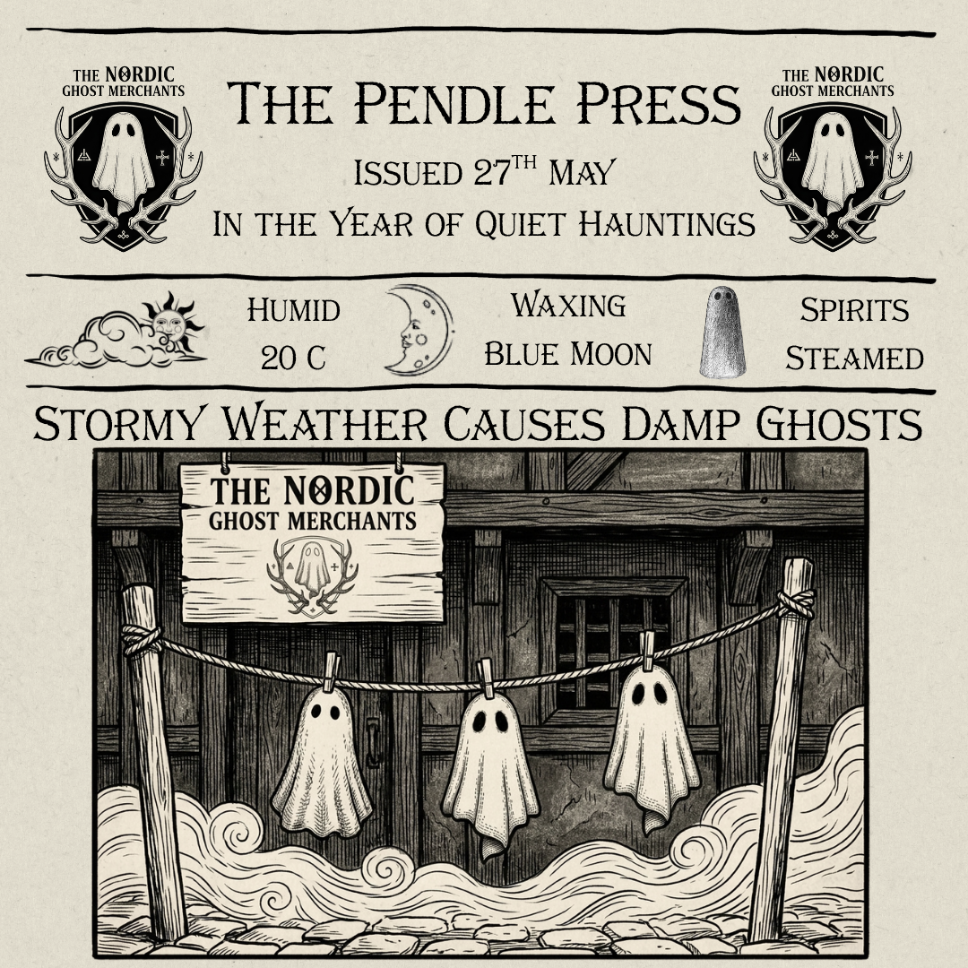 A 1600s woodcut style newspaper article detailing stormy weather causing issues for The Nordic Ghost Merchants