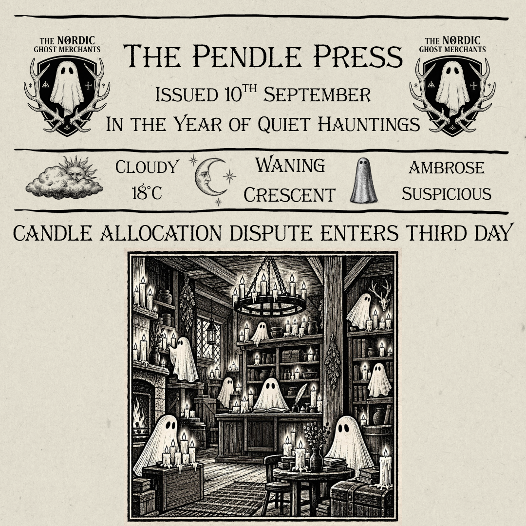 A 1600s, woodcut style newspaper called The Pendle Press by The Nordic Ghost Merchants. Featured is an image of the inside of an old ghost merchant store with lit candles everywhere. The headline reads "Candle Allocation Dispute Enters Third Day."