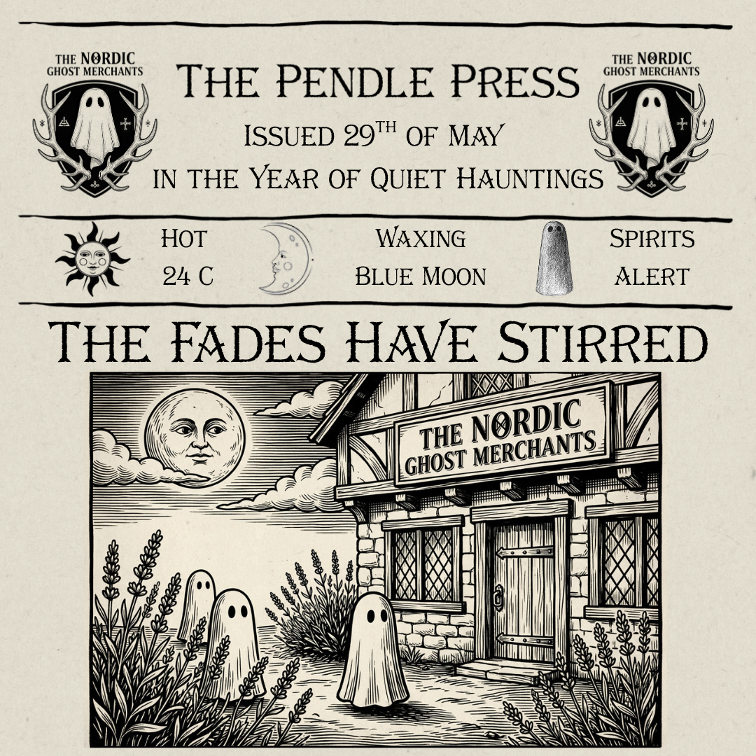 A woodcut style image of three small ghosts standing outside The Nordic Ghost Merchants.