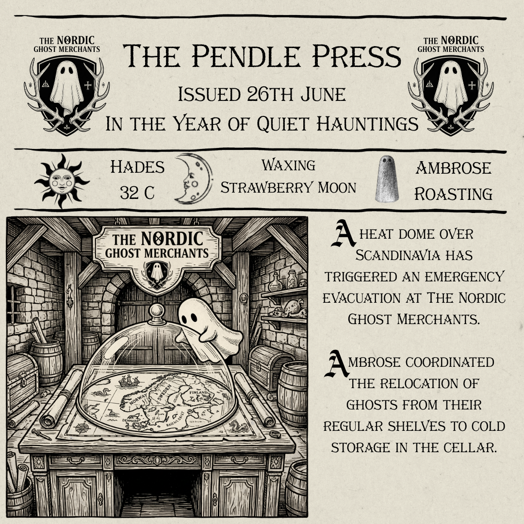 A 1600s woodcut style newspaper called The Pendle Press, reporting on ghost evacuations from The Nordic Ghost Merchants due to the heat dome.