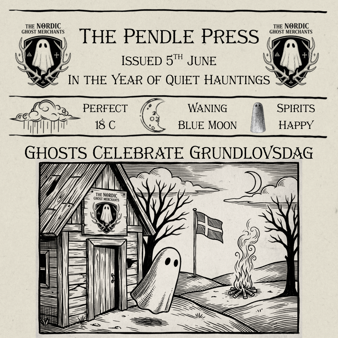 A woodcut style image of a small ghost celebrating Grundlovsdag outside of The Nordic Ghost Merchants