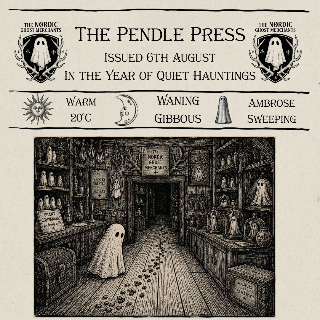 A 1600s woodcut style image of a small ghost looking at a trail of dropped seeds in a ghost merchant store called The Nordic Ghost Merchants.