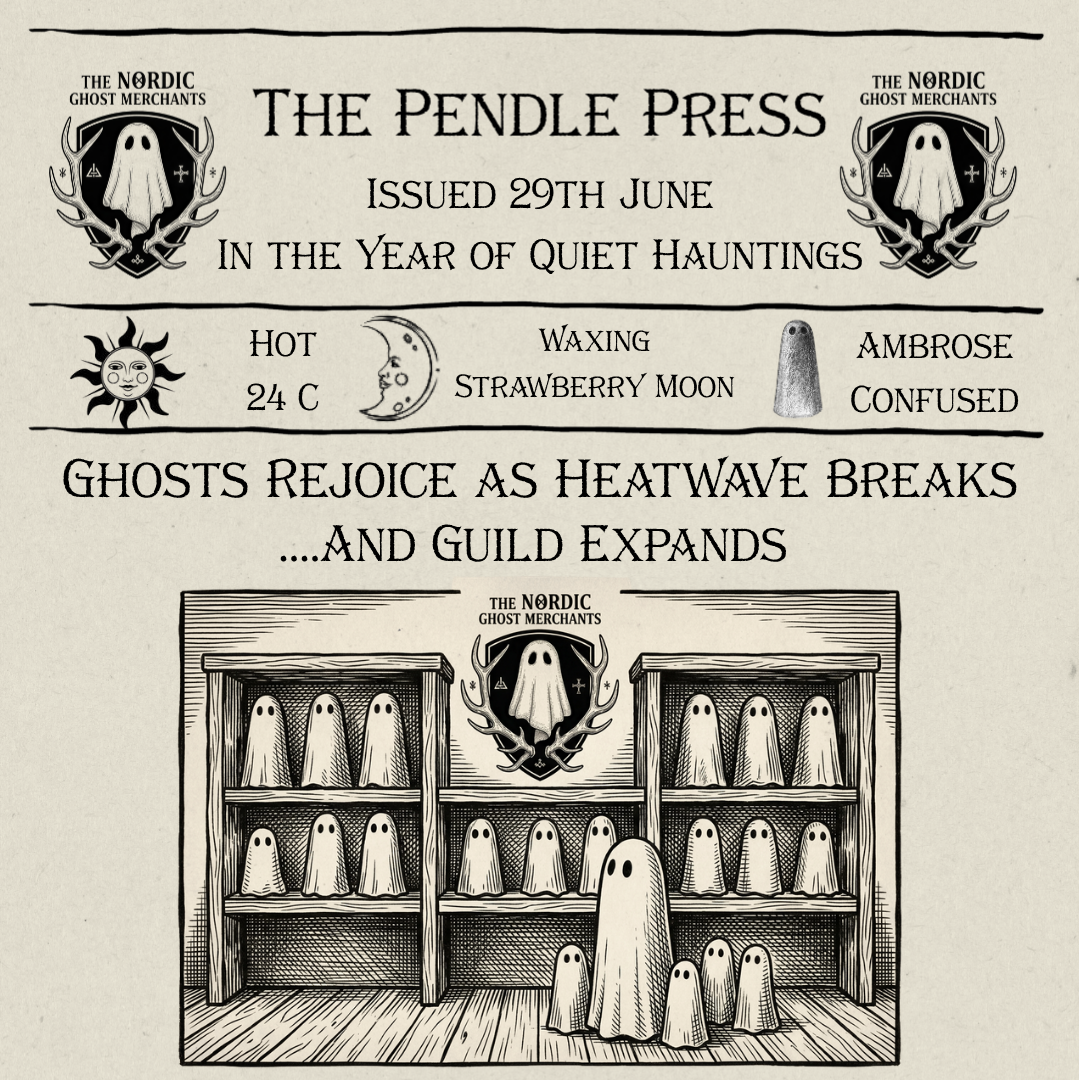A 1600s woodcut style image of shelves of ghost figurines at The Nordic Ghost Merchants.
