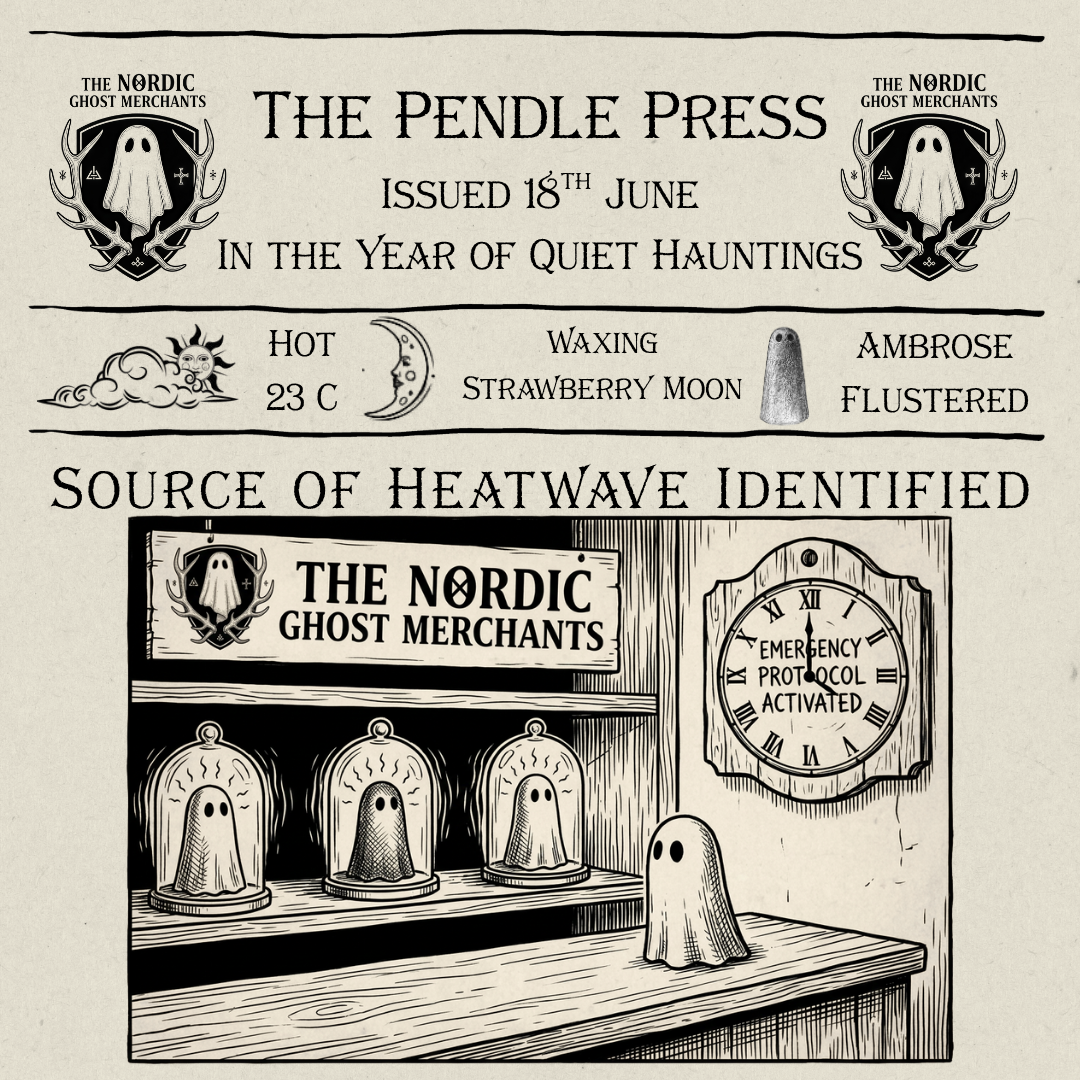 A woodcut style image of three small ghost figurines, radiating heat, in individual glass cloches