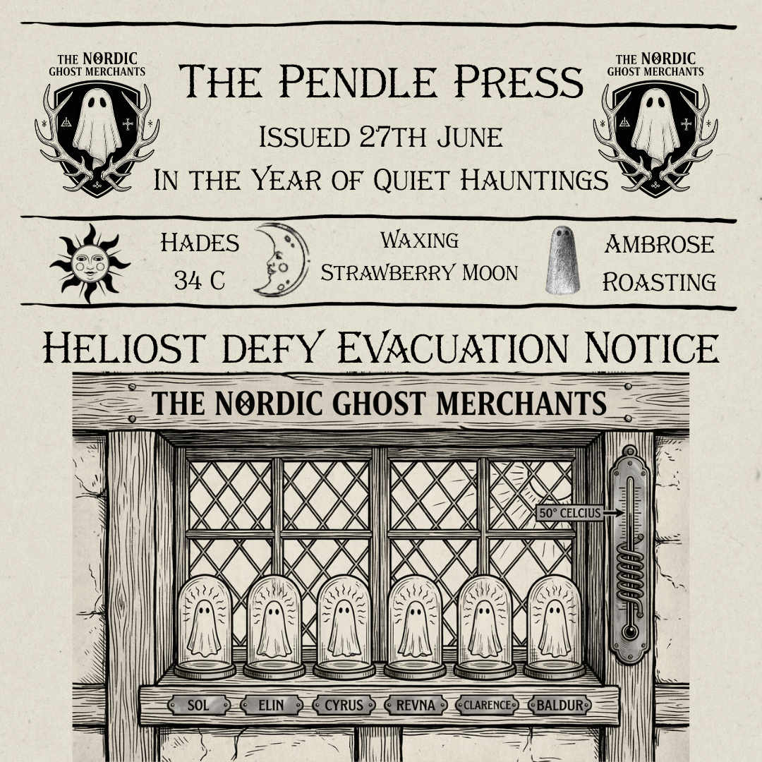 A woodcut image of six small ghosts under glass cloches in the windows of The Nordic Ghost Merchants