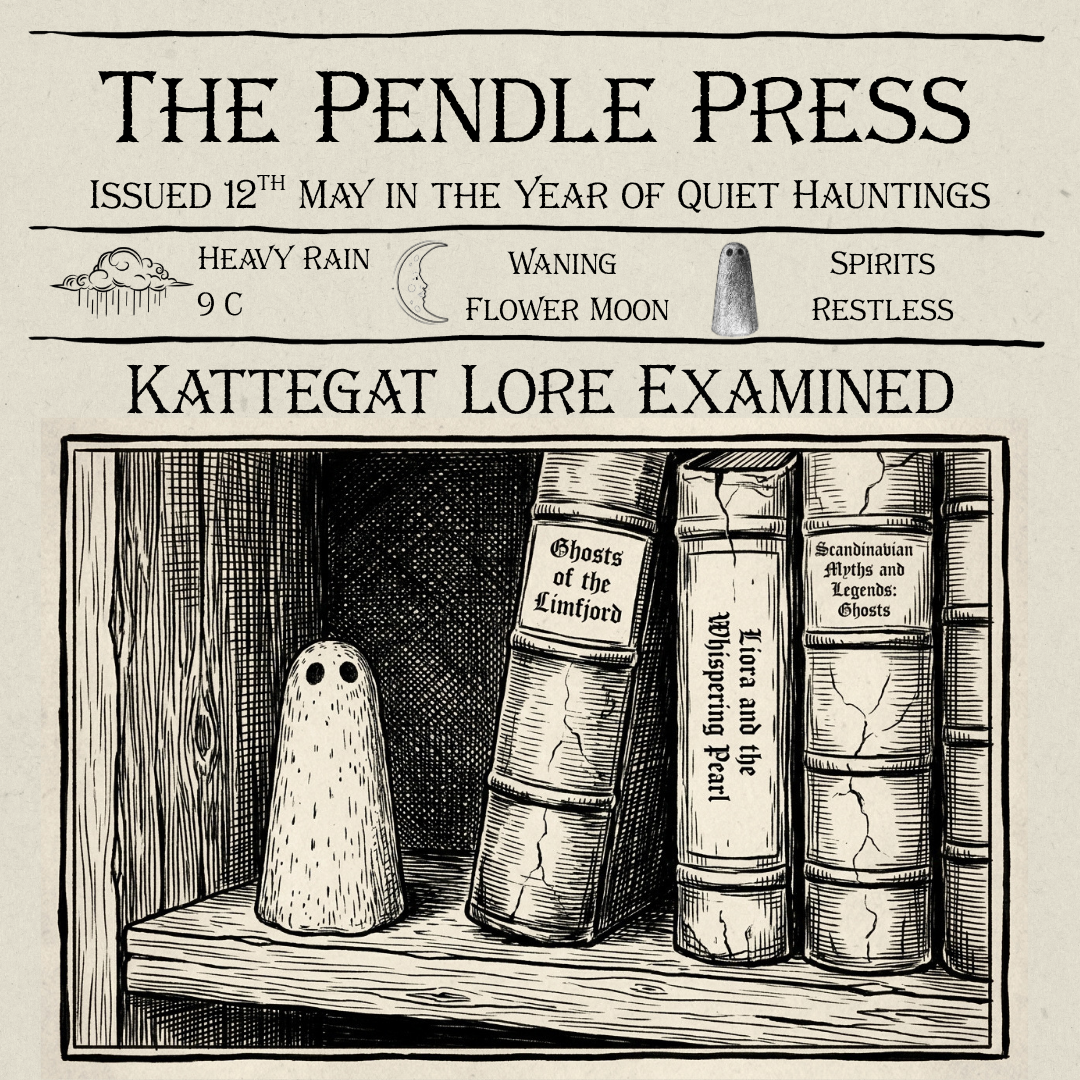 A woodcut image of a small ghost figurine on a shelf beside old books detailing ghost lore around the Kattegat Strait