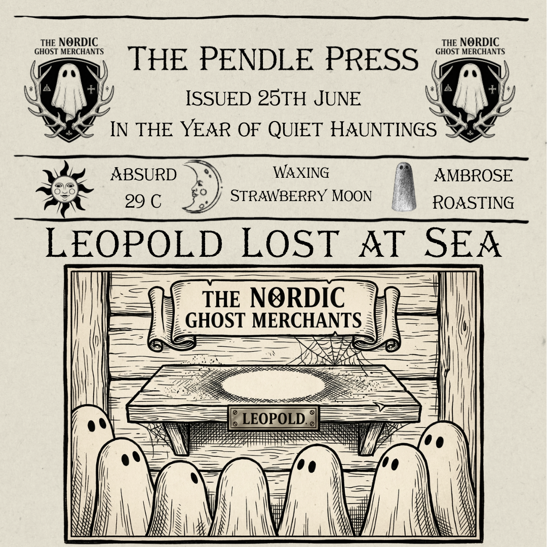 A 1600s woodcut style image of a small group of ghost figurines gathered around an empty spot on a shelf.
