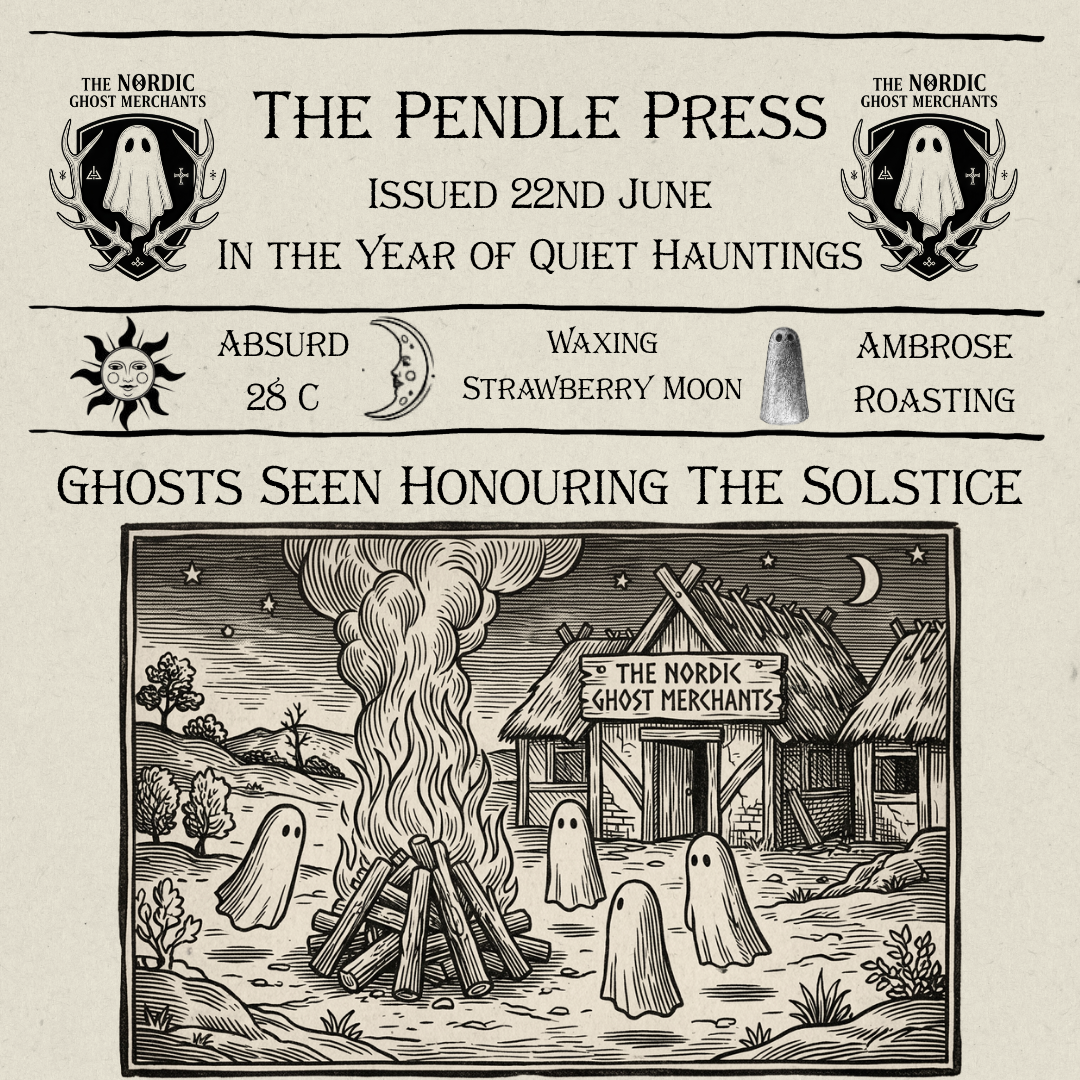 A woodcut image of a group of four ghosts celebrating midsummer with a bonfire outside of The Nordic Ghost Merchants
