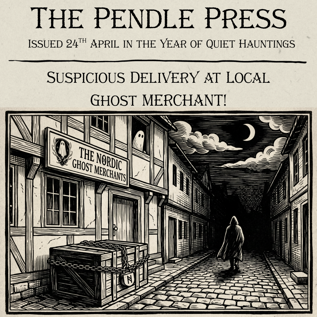An image of an old fashioned shipping crate, bound with heavy chains, outside The Nordic Ghost Merchants.