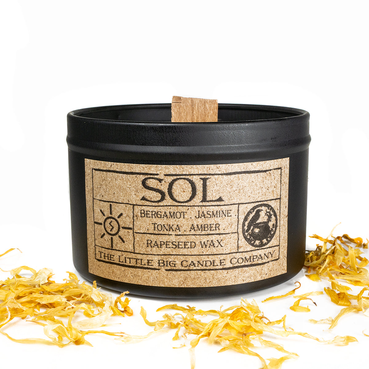 Sol candle in black matte tin, rapeseed wax, bergamot and orange blossom fragrance, bright uplifting ritual candle.