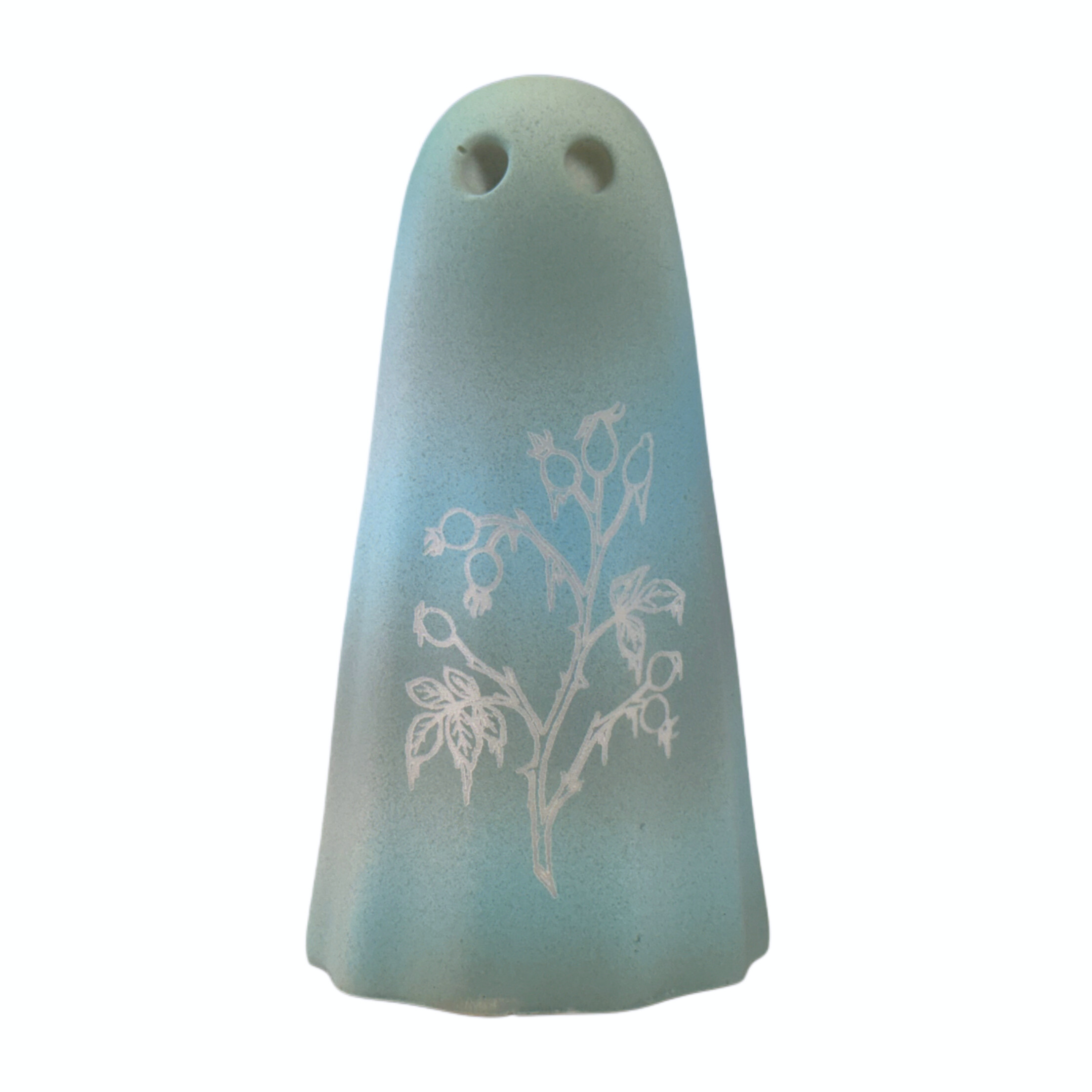 Blue and grey handmade ghost figurine with frozen rosehip engraving, by The Nordic Ghost Merchants