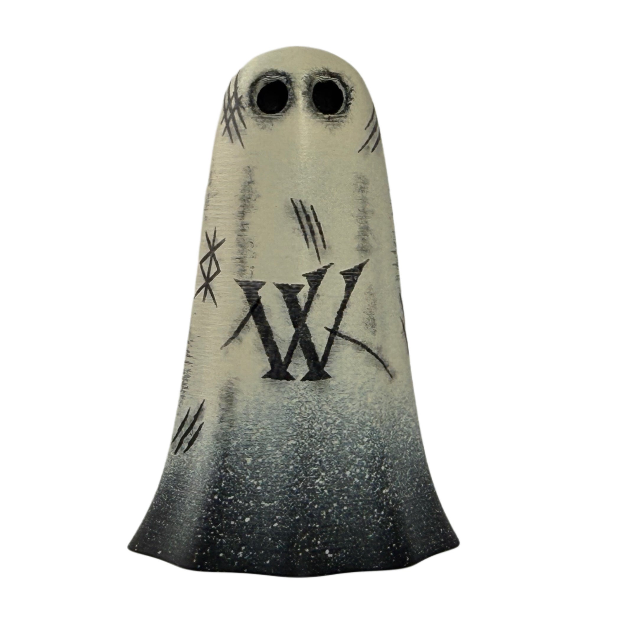 Ivory and black handmade ghost figurine engraved with black witch marks & runes