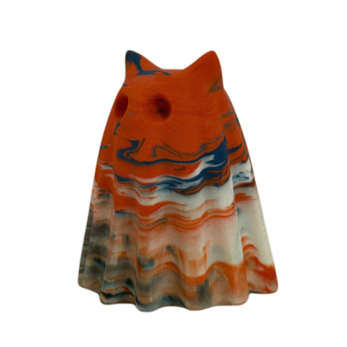 Fenwick Familiar figurine, angled side view showing a bright orange crown with layered cream and smoky blue-grey marbling through the body.