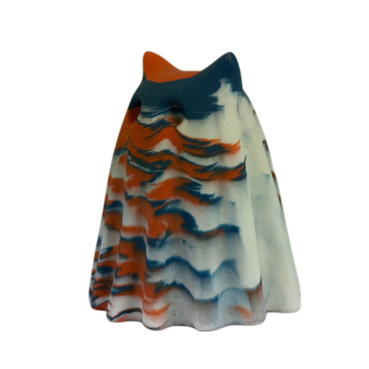 Fig Windfall Familiar figurine, angled side view showing deep blue across the head with burnt orange and cream marbling flowing down the body.