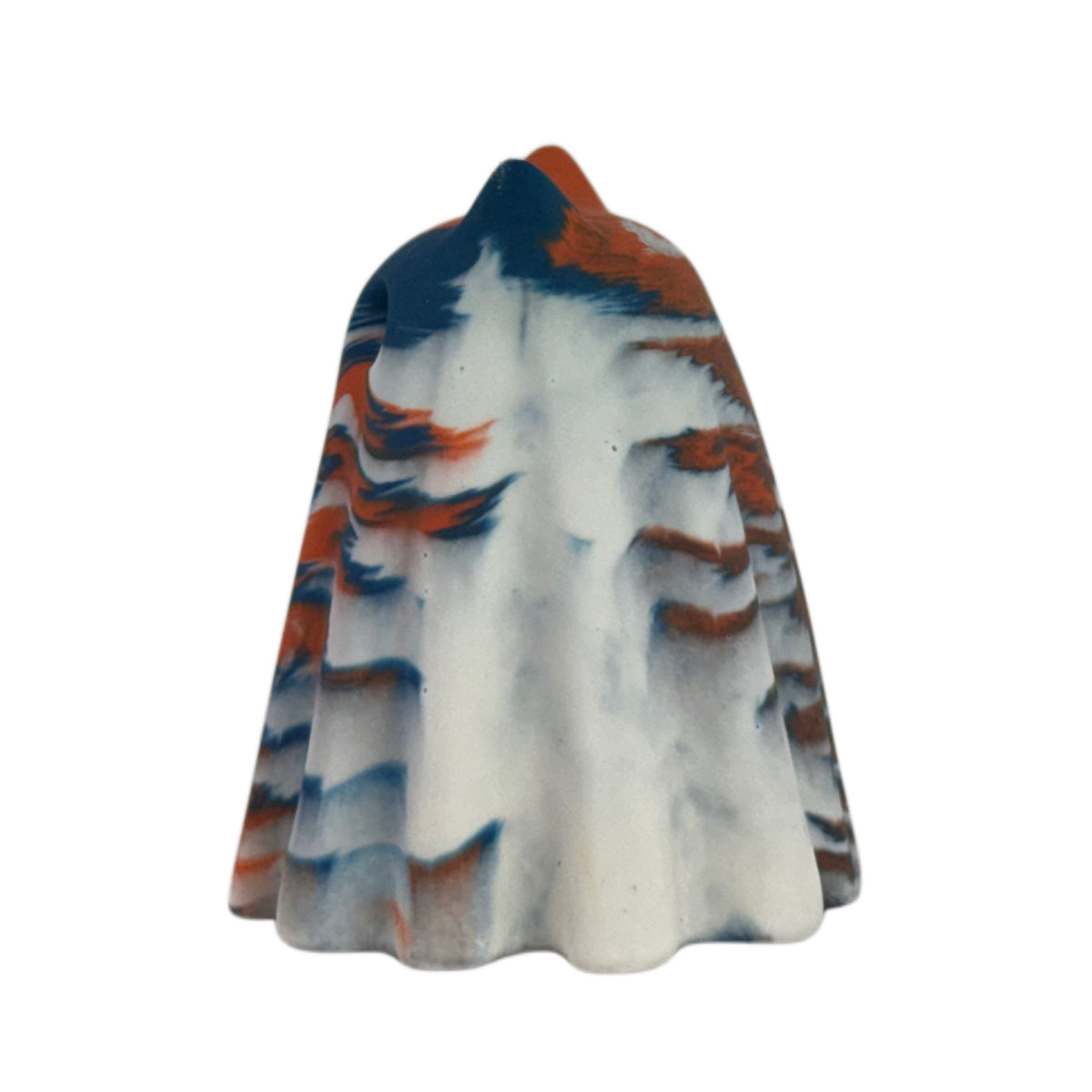 Fig Windfall Familiar ghost figurine, side view showing deep blue across the head with burnt orange and cream marbling flowing down the body.