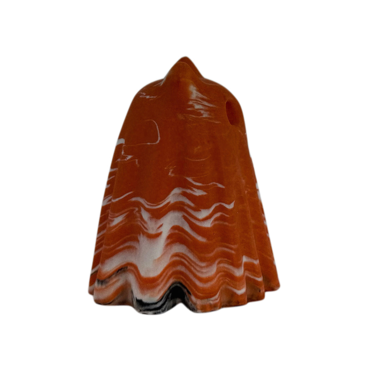 Porridge Windfall Familiar ghost cat figurine, side view showing layered burnt orange, cream and charcoal marbling across the draped form.