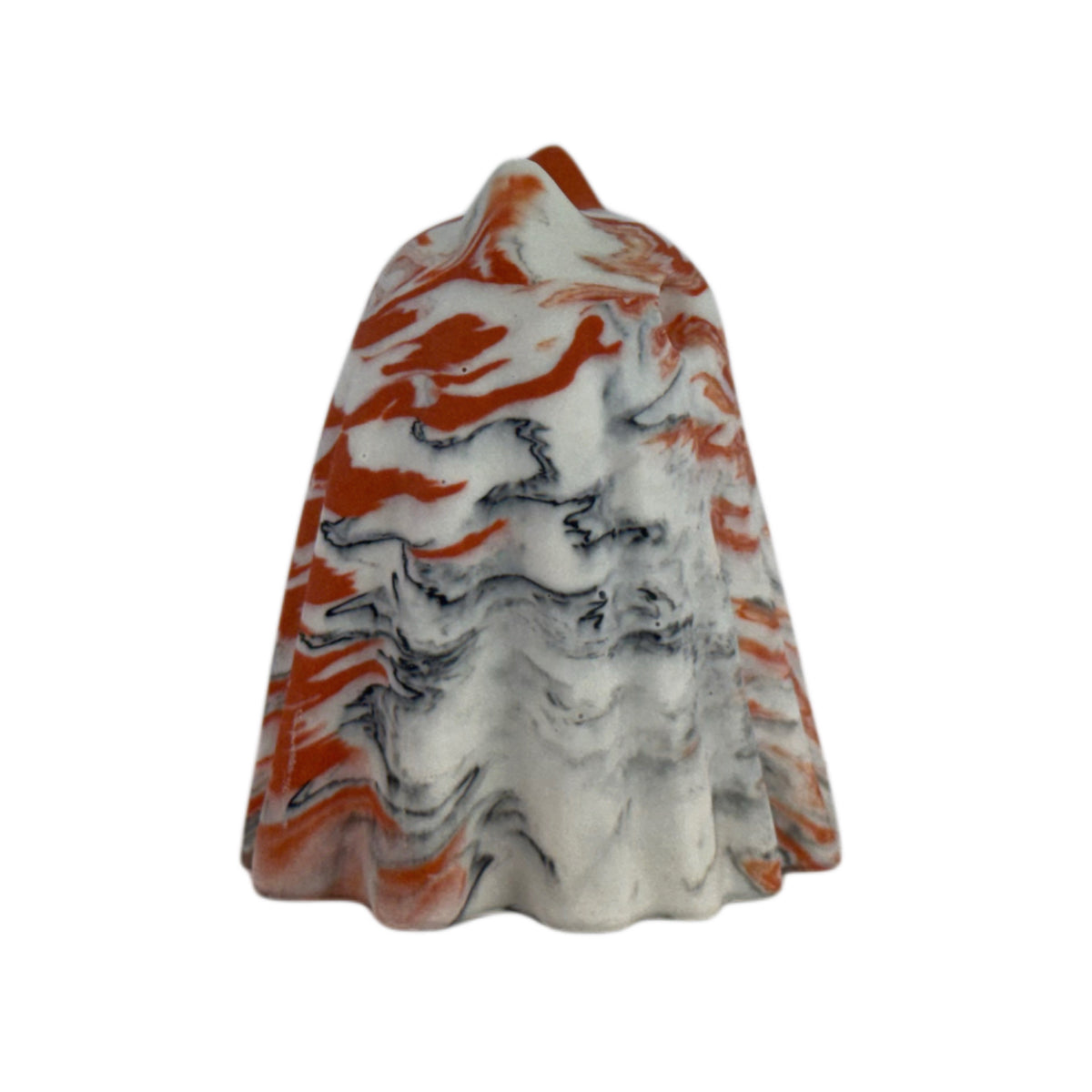 Turnip Windfall Familiar ghost cat figurine, side view showing soft cream with burnt orange markings and subtle charcoal marbling along the draped form.
