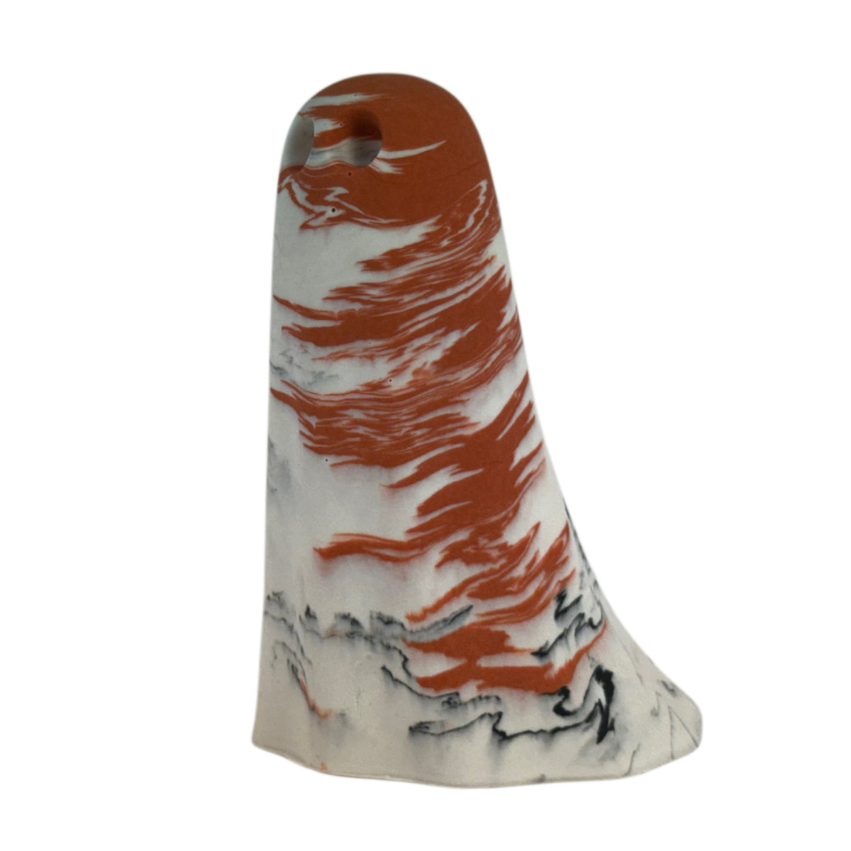 Asta Windfall Ghost figurine, angled side view showing bold burnt orange marbling across the right side and crown with fine charcoal veining near the base.