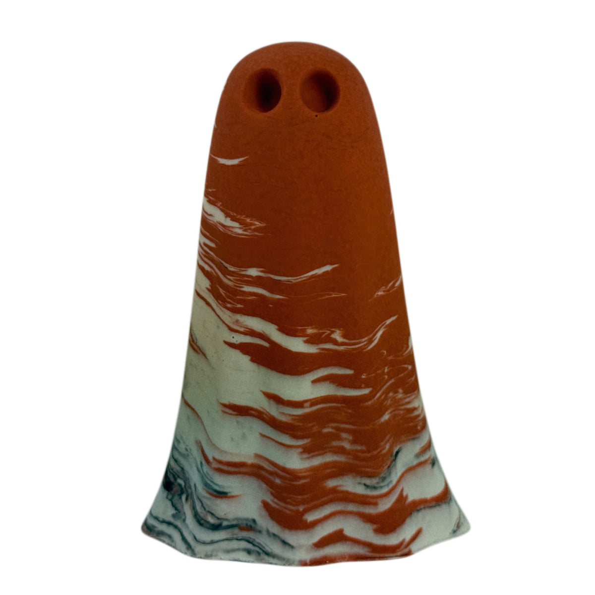 Bran, handmade Windfall Ghost figurine in burnt orange, cream and charcoal marbled finish, front view.